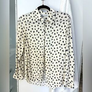 Zara White and Black Casual Button Down Shirt with Heart Print